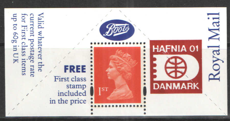 "Hafnia '01, Danmark" overprinted Boots 1st Class Stamp & Label (image for) "Hafnia '01, Danmark" overprinted Boots 1st Class Stamp & Label